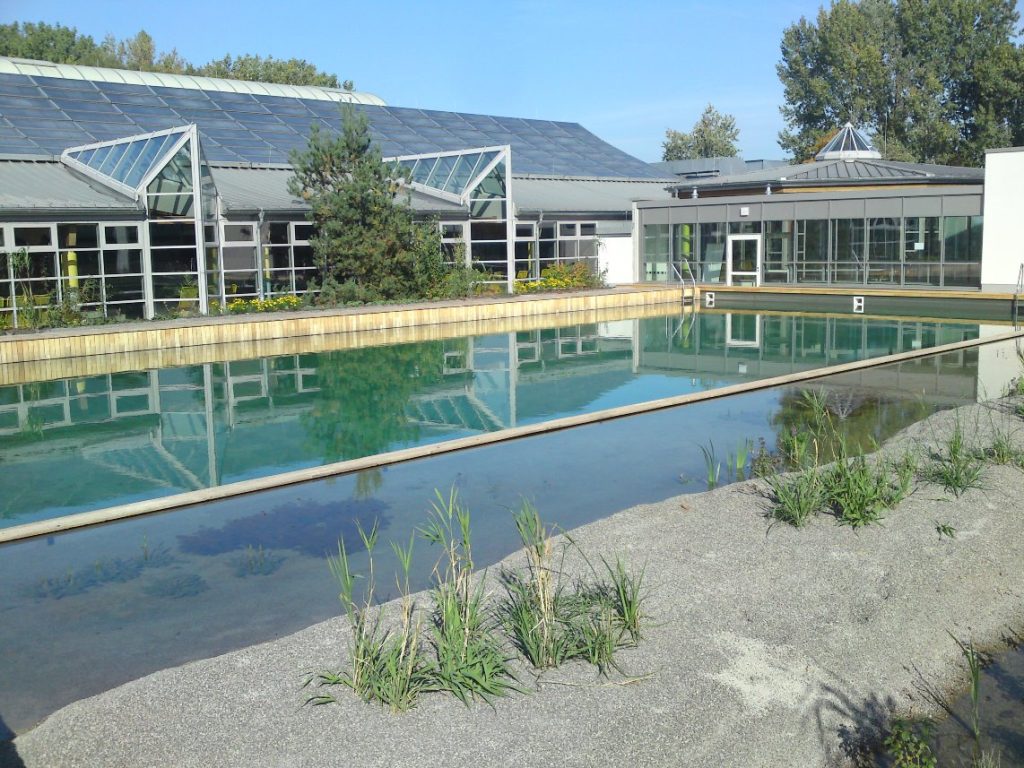 The outdoor natural swimming pool, the hydrobotanic facility and a small beach